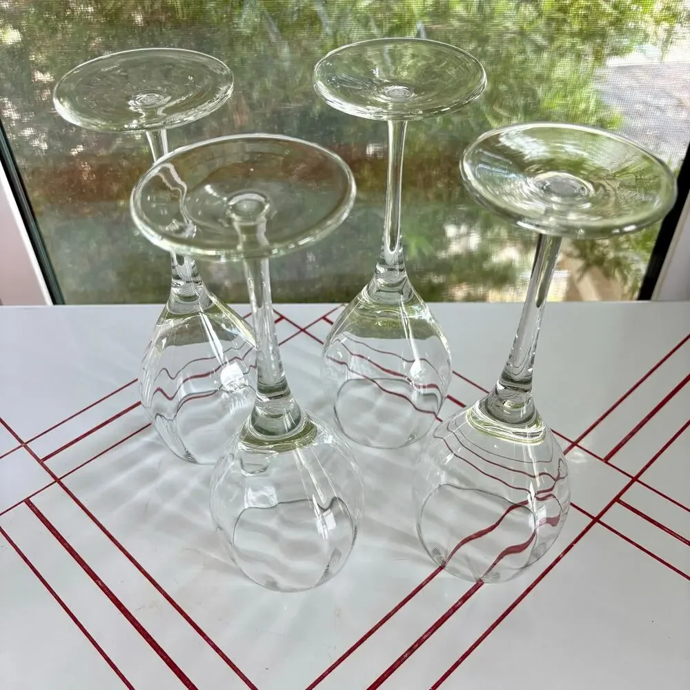 Vintage Blown Optic Wine Glasses Set of 4 Clear Faceted Stemware